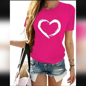 HERLOLLYCHIPS XS Women's Hot Pink Tee White Heart Graphic Short Sleeve Shirt